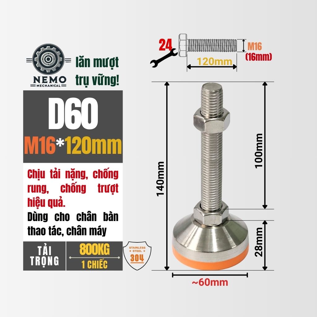 Chân Tăng Chỉnh Inox 304 Ren M16 – Đế Bát Dày Chịu Tải Siêu Nặng 800kg, Chống Ăn Mòn Tuyệt Đối